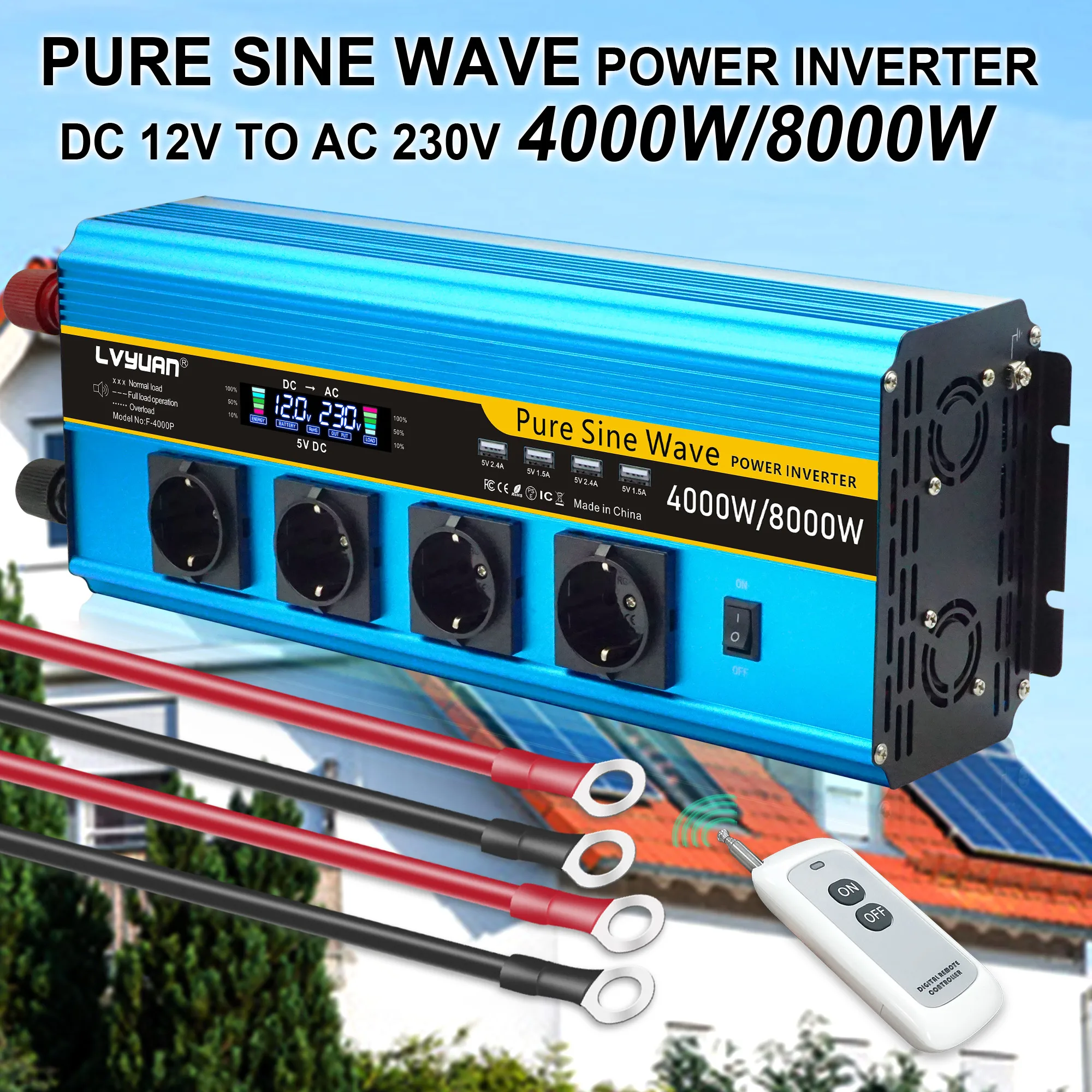 LVYUAN Pure Sine Wave 4000W Power Inverter 12V to 110V (Peak) 8000W Co