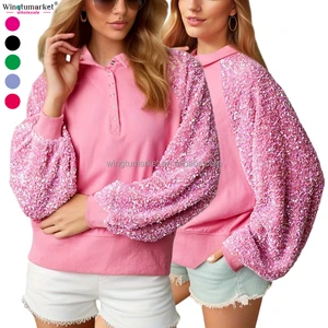Manufacturer Female Collar Sweatshirts Sequined Raglan Sleeve pink Oversize Custom Sequin Sweatshirt Women