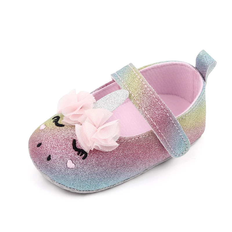 Glitter Cute unicorn Baby Girls Soft Sole Shallow Mouth Cartoon Flower Princess Toddler Shoes details