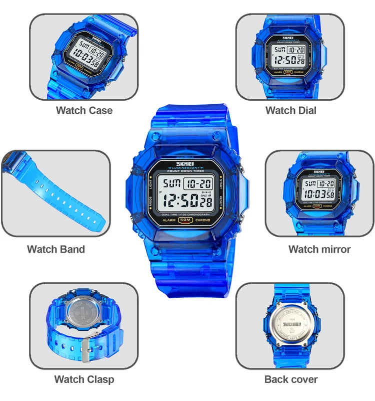 Skmei 1999 Custom LE Light Hand Watch Reloj De Hombre 50m Wristwatches Transparente Band Led Digital Sport Watches for Men