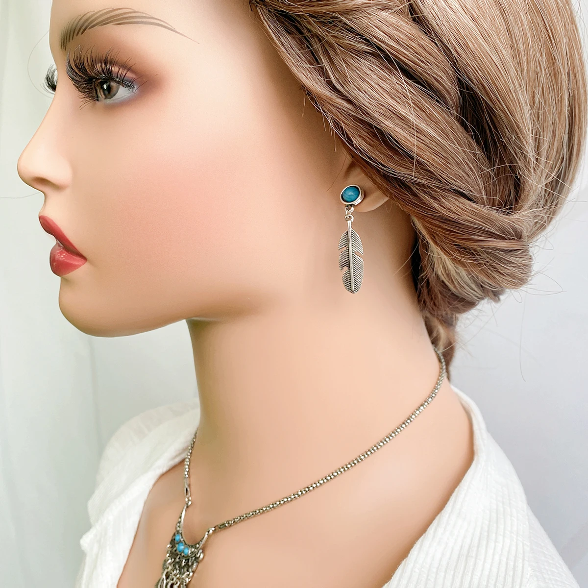 product factory jewelry wholesale retro leaf stone drop silver plated pendant necklace earrings jewelry set for women-5