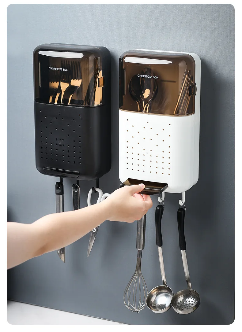 Household Chopstick Basket With Cover For Dust-proof Kitchen Shelving Chopsticks Fork Spoon Wall-mounted Tableware Storage Box
