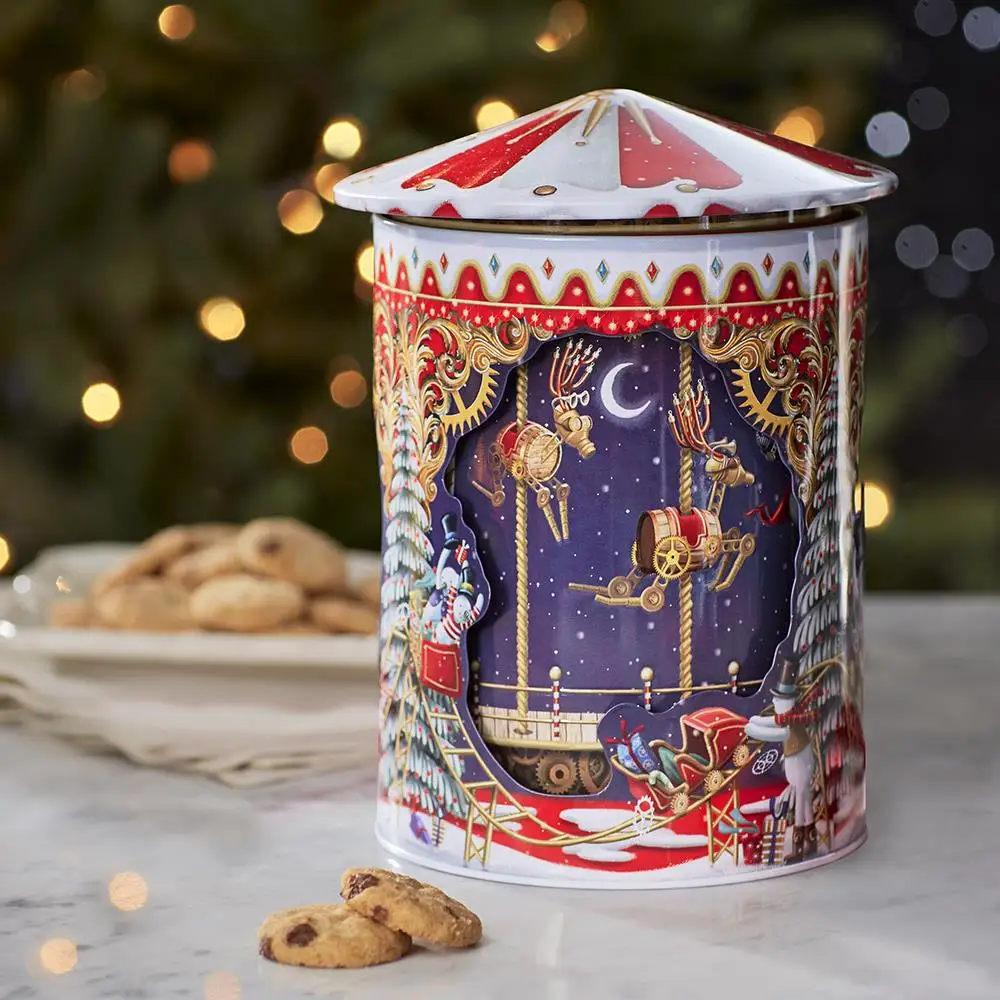 New Christmas large luxury food grade cookie biscuit sweet tin can empty kids gift metal round musical tin box factory