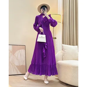 Miyake Women's Autumn Pleated Dress Elegant Temperament Ribbon Design Long Plus Size  Women's Dress