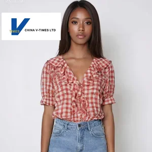 Women's Elegant Red Summer Top French Plaid Design Breathable Casual High-End Short-Sleeved Shirt