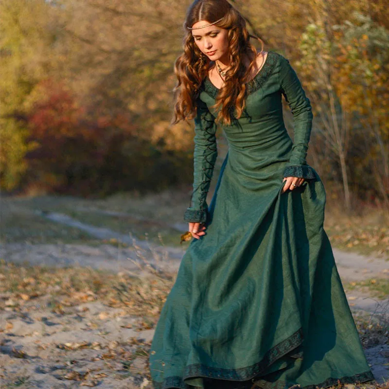 retro vintage medieval dress Medieval Costume Vintage Historical Dress Retro Dark Green Velvet Celtic  Gown with Wide Sleeves