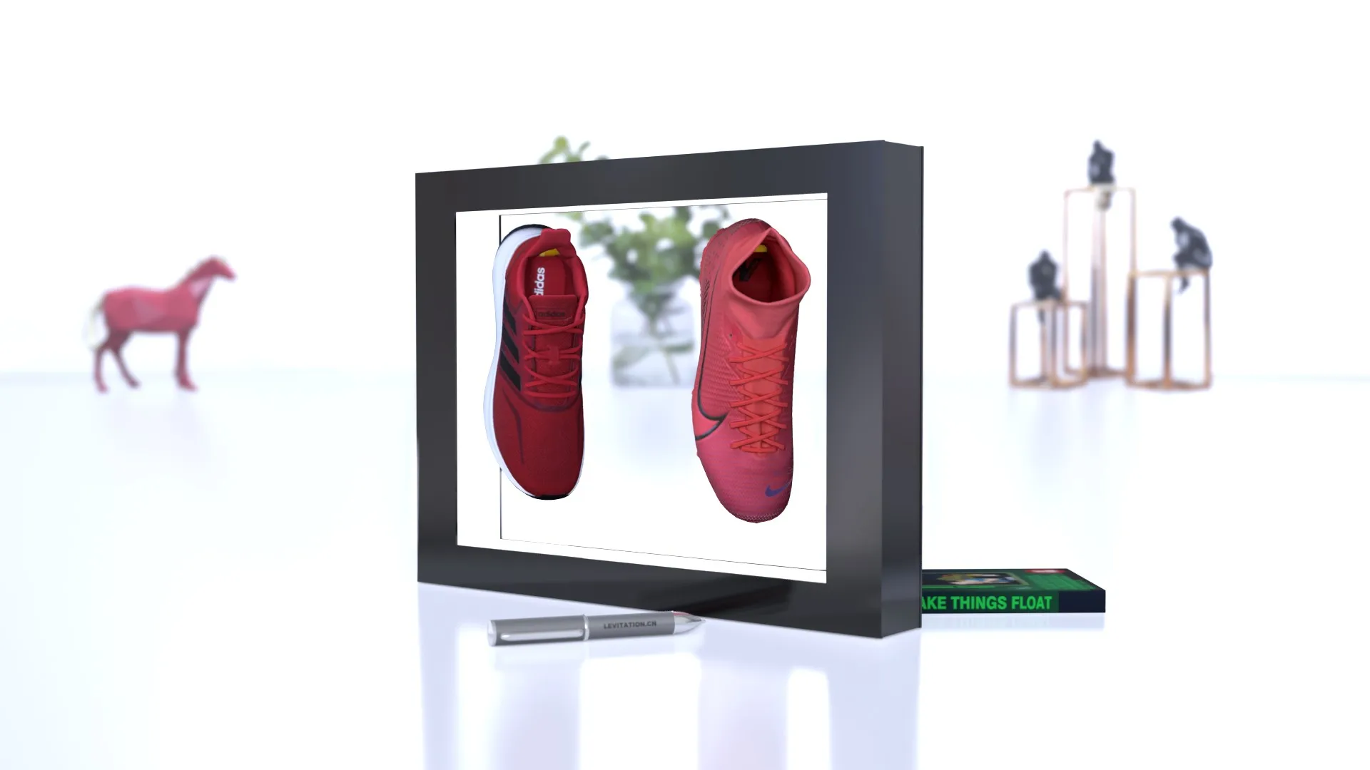 Customize  Acrylic Magnetic Floating Levitation Two Shoes Display Stand for Reseller Shoe Store Advertisement