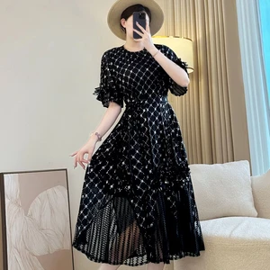 Miyake High-End Elegant Fashion New Summer Lady Dress French Black with Loose Pleated Skirt Casual Elegant Dress