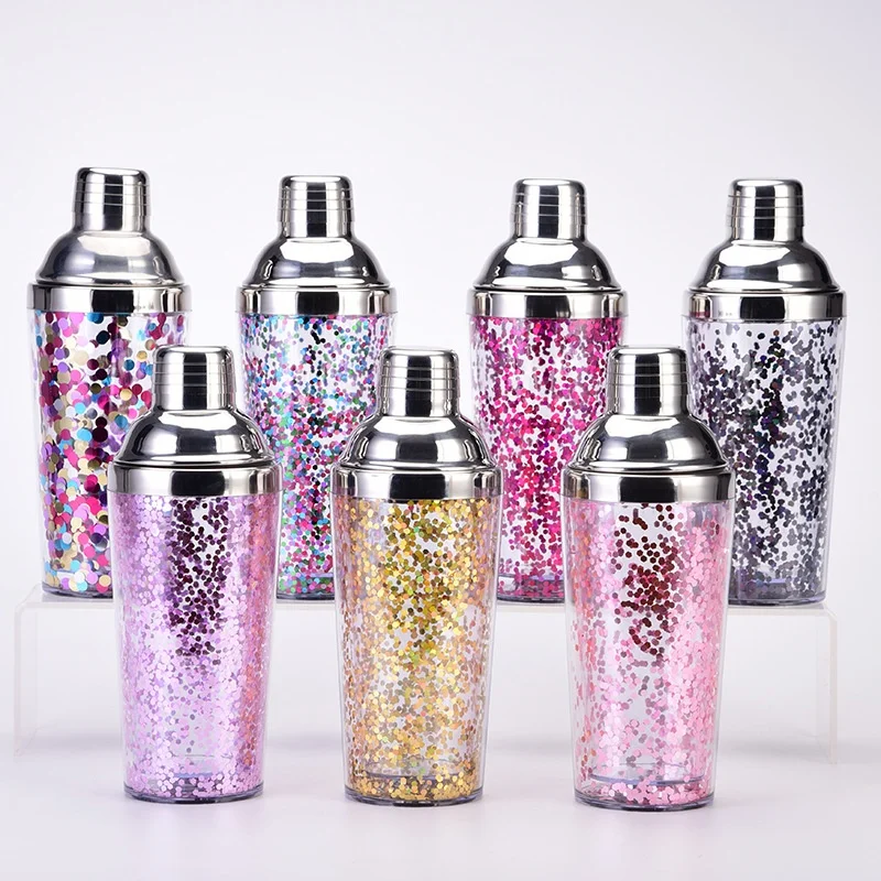 Creative Fashion Dual-Layer Plastic Stainless Steel 450ml Reusable Durable Cocktail Shaker Sparkle Glitter Wine Boston Shaker