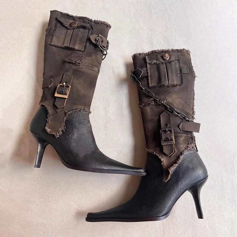 2024 Ladies Genuine Leather Knee High Boot Pointed Toe High Heel Buckle Straps Removable Women Western Cowboy Boots - Image 2