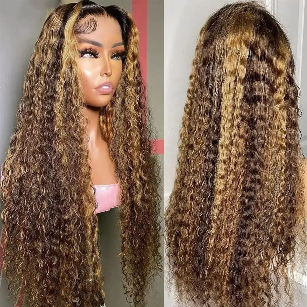 Ombre Peruk med spetsfront, förplockad, 13x4, honungsblond, vattenvågor, HD, limfria_voghion.com