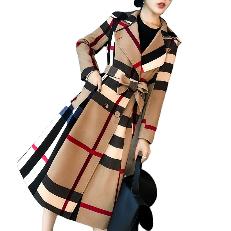 berry grid print trench coat