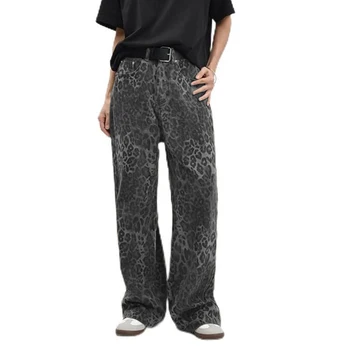 Retro Leopard Print Jeans New Men's And Women's Autumn loose European and American casual floor-length trousers