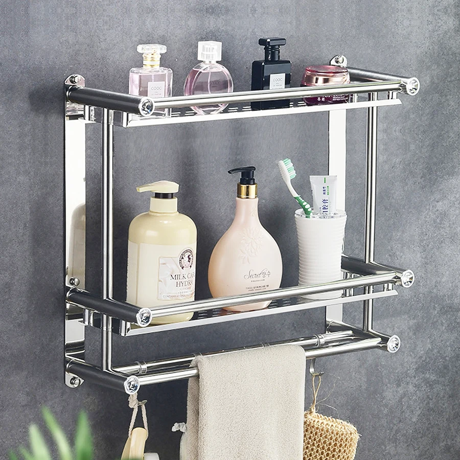 Bathroom Towel Rack Holder Wall Mounted Self-adhesive Hanging Hanger Shelf W6H 