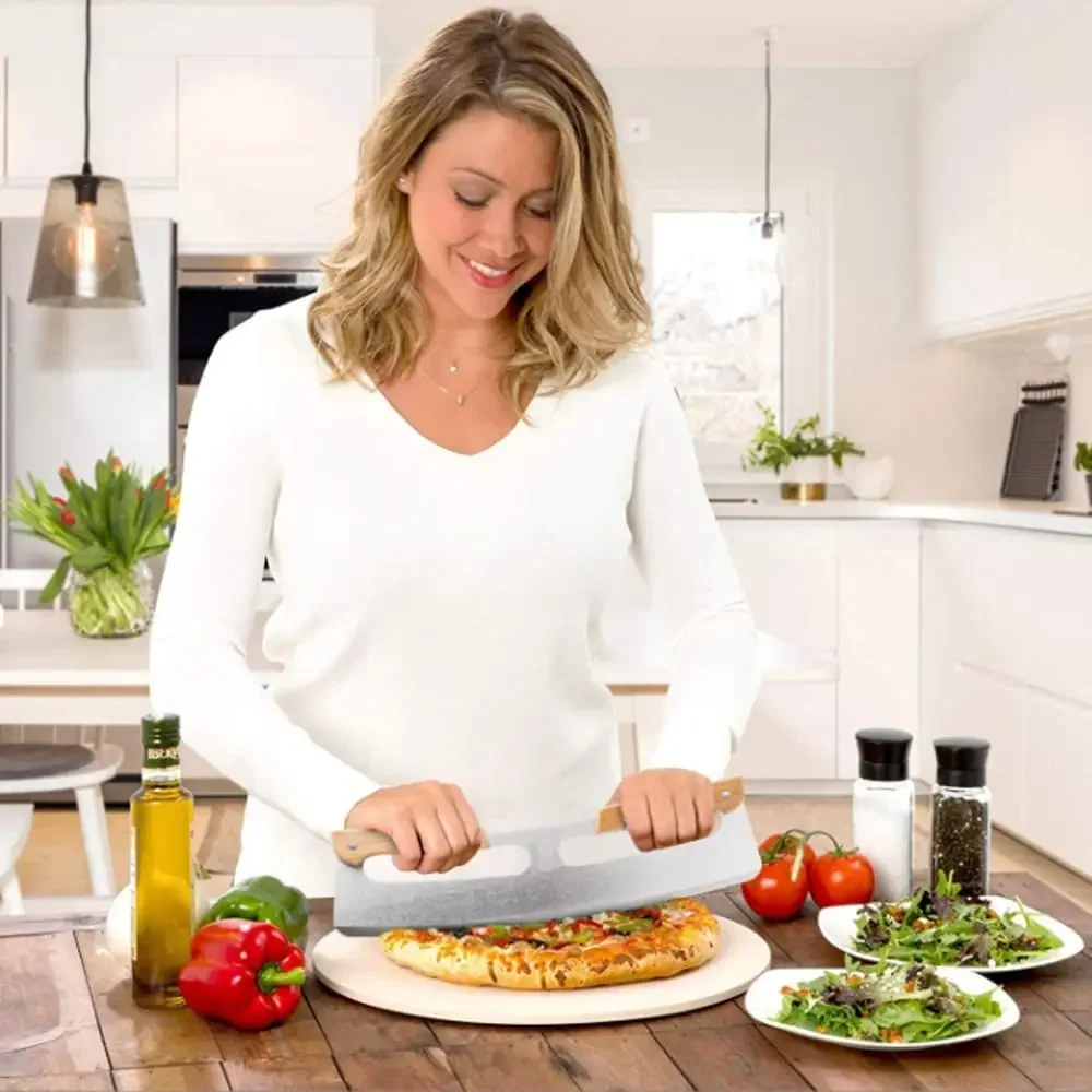 Stainless Steel Rocker Blade Wooden Handles Pizza Cutter Rocker With Cover Pizza Rocking Cutter