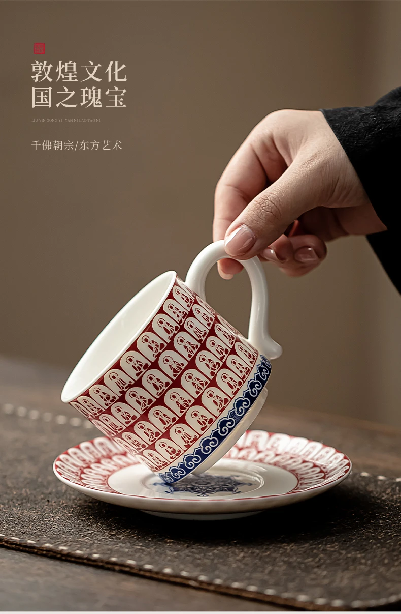 Modern Chinese Style Thousand Buddha Large Ceramic Tea Cup & Saucer Espresso Coffee Cup for Office or Home Use