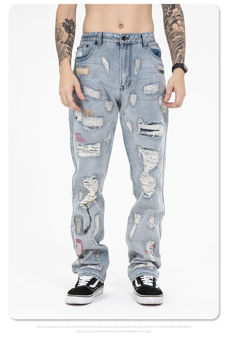 Custom American Highstreet Embroidery Hole Vintage Denim Pants Fabric Male Denim Jeans Man Men's Jeans Men