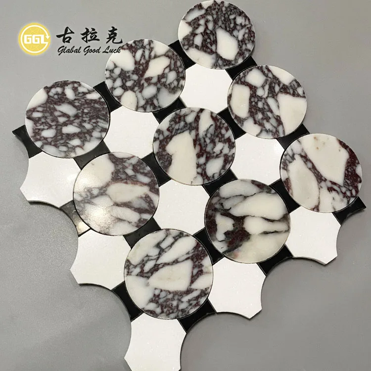 Luxury Design Water Jet White Stone Round Calacatta Viola Marble Mosaic Tile for Villa Hotel Decor manufacture