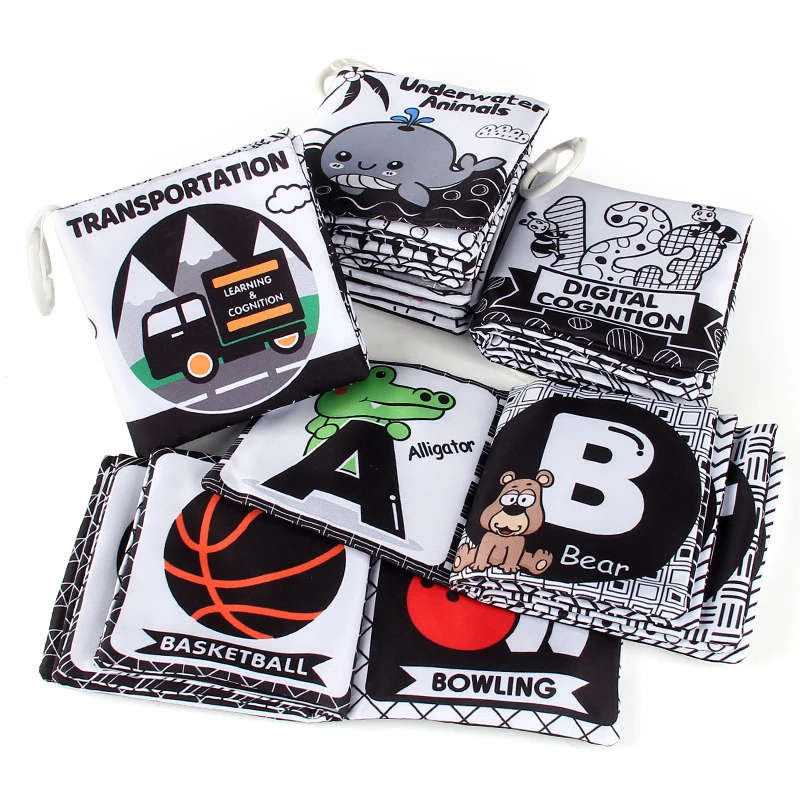 Montessori Learning Baby Cloth Book Toy Baby High Contrast Book Black and White Soft Cloth Book Sensory Toy for Toddlers
