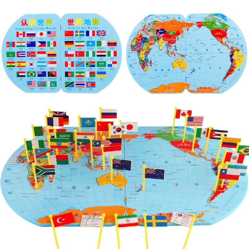 Wooden Map of the World Flags Educational Montesoori Kid Toys Educational Wooden Toys for Baby