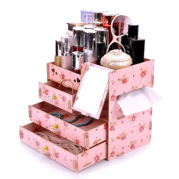 HelloWorld Large Wooden Desktop Cosmetics Collection Box Mirror South Korea Drawer Type Rearrangement of Wooden Boxes