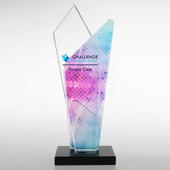 Grace Crystal factory price custom engraving UV printing color crystal trophy awards plaques with black base