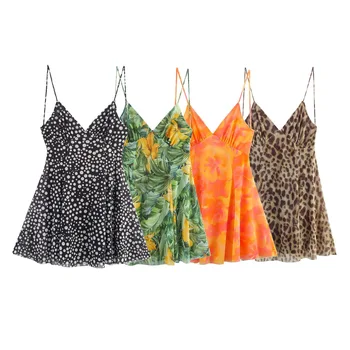 European and American style summer new fashion women's sexy backless printed tulle V-neck suspender short dress
