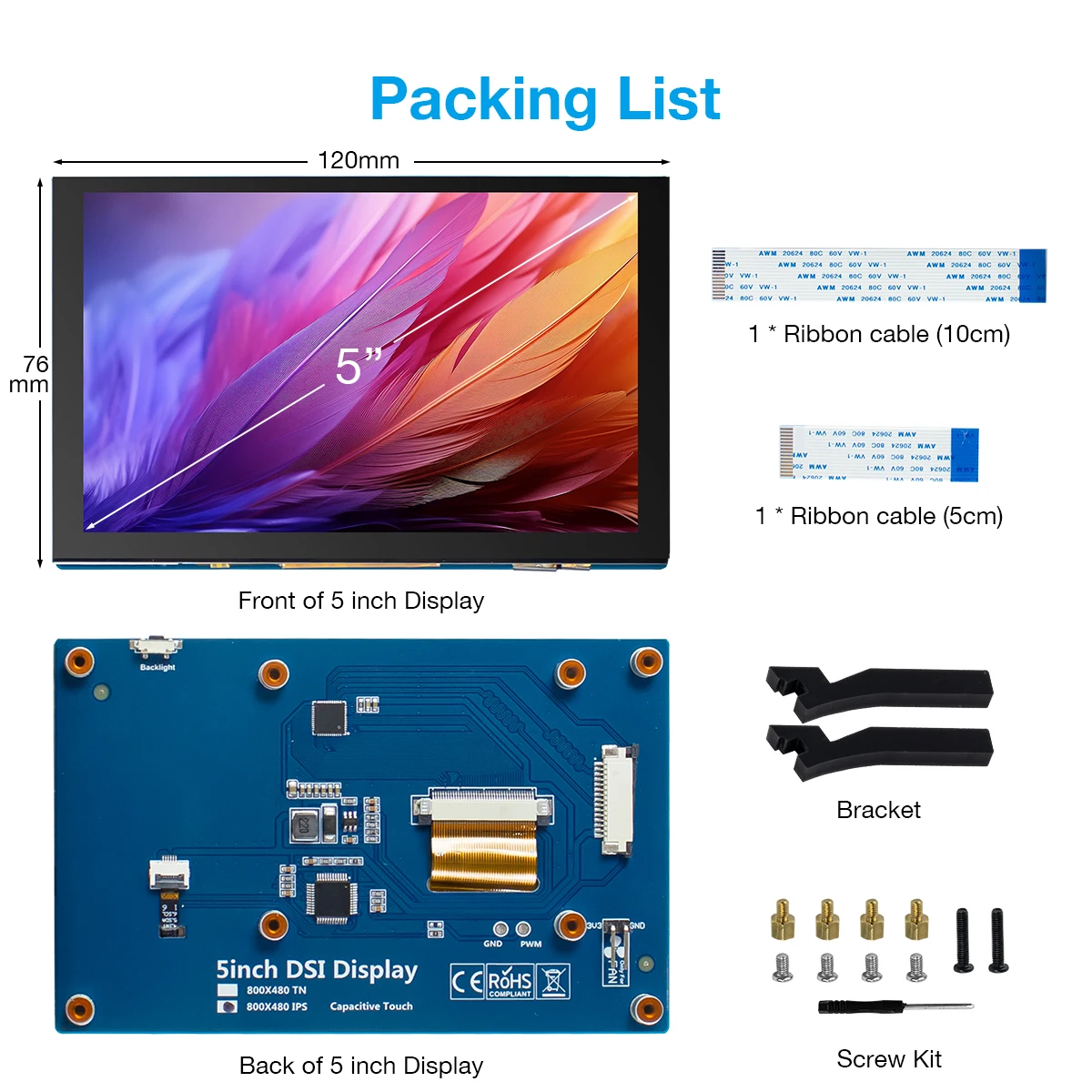 Pour Raspberry Pi 5 Pouces MIPI DSI écran, écran Tactile Capacitif 800*480 Résolution Moniteur LCD Aucun Pilote Nécessaire Pour RPI 2B/3B/4B/Raspbian/Ubuntu/Kali/RetroPie