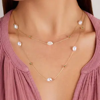 925 Sterling Silver Double Chain Two Layer Wearing Clavicle Chain Pearl Necklaces Women Pearl Pendants Silver Chain Necklace