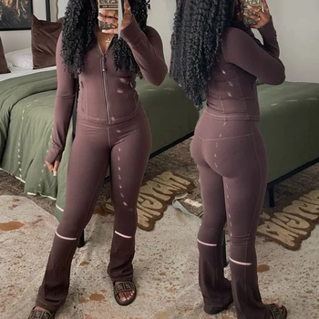 2 Piece Running Stretch Stand Collar Skinny Yoga Pants Suit Gym Fitness Tracksuit Flared Leggings Workout Sets for Women