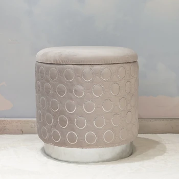 RTS Living Room Furniture Simple Design Modern Velvet Ottoman Footstool Colorful Round Shaped Metal Base Pouf