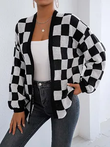 Clothing Manufacturer Wholesale Women's Clothing: Plaid Color-blocked Loose Ladies' Knit Cardigan Sweater Jacket Ladies' Sweater
