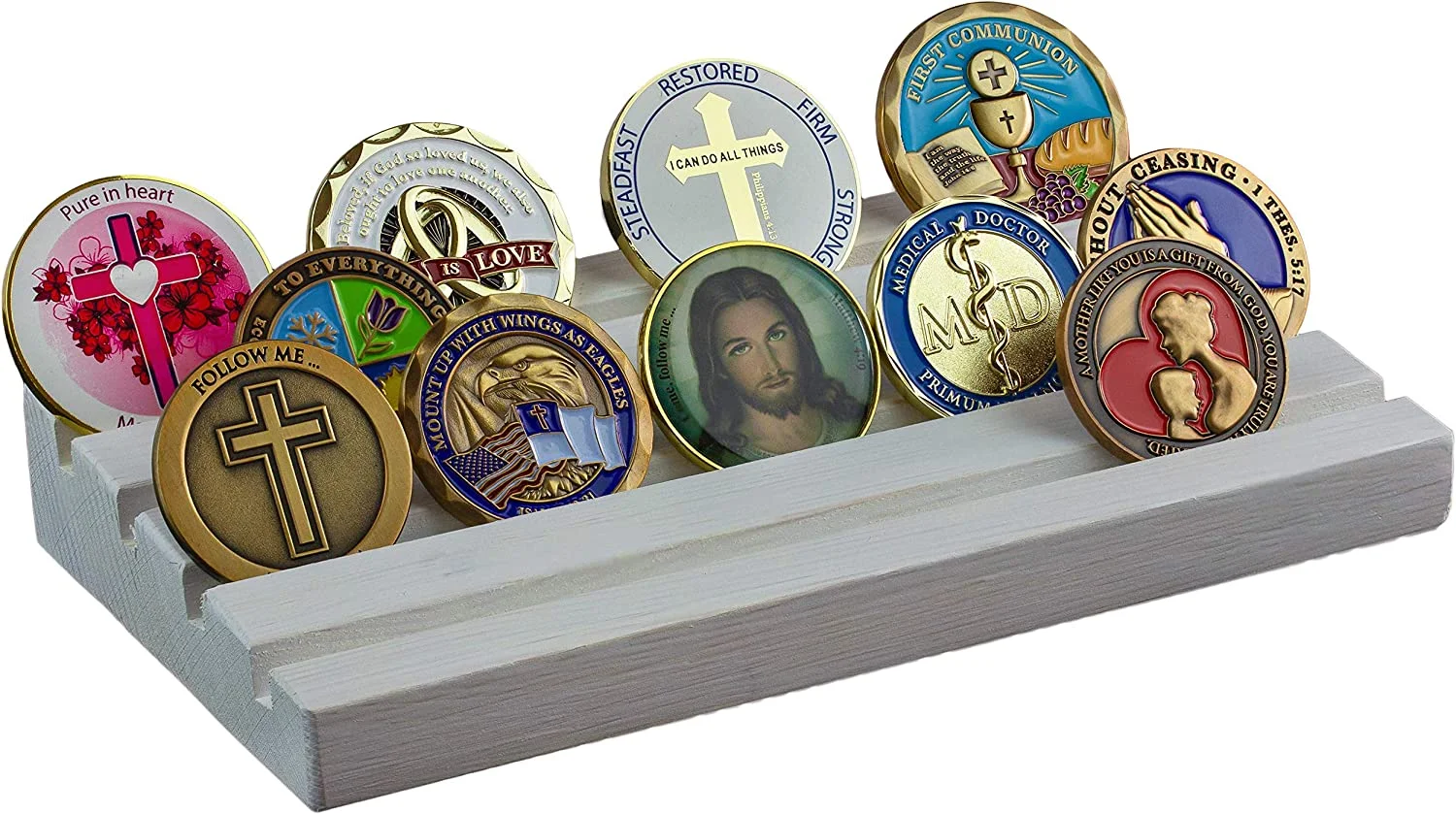 JUNJI 우드 챌린지 코인 홀더 4 열 밀리터리 코인 디스플레이 랙 솔리드 소나무 메달 스탠드