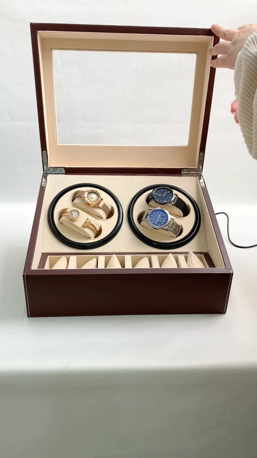 Sesi Custom Brown Leather Wood Watch Winder Collector Display Box Case