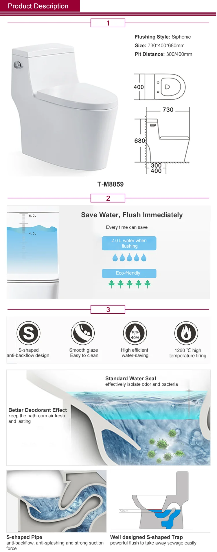 YEKALON T-M8859 Bathroom Sanitary Ware 300mm 400mm Strap Siphonic Flush One Piece Toilet