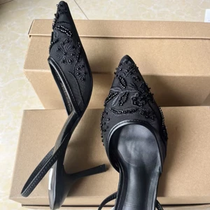 QuiteS 2026 Summer High Heel Pumps Waterproof Lace Mesh Pointed Toe Height Increasing Solid Thin Heel 6cm