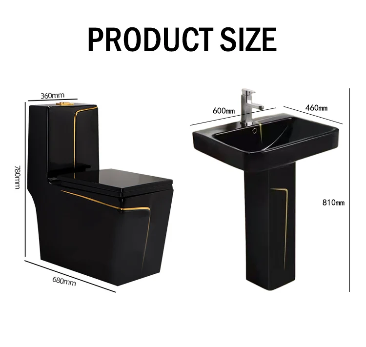 Modern Square Sanitary Ware Wc Combo Ceramic Toilet Sink Set Bathroom Black And Gold Toilet 6038