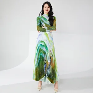 Miyake Women's Elegant Stretch Printed Turtleneck Top and A-Line Skirt Set Floral Two-Piece Fashion for Summer Casual Style