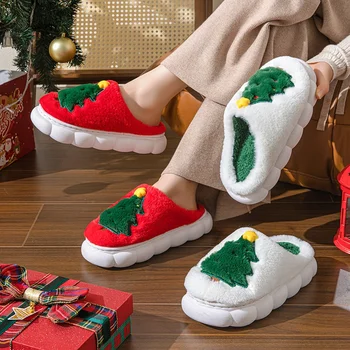 A260 Autumn and Winter Neutral Home Slippers Christmas Tree Ladies Warm Cotton Platform Slippers