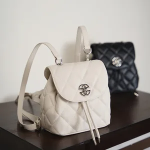 Women's Vintage High Quality Genuine Leather Lightweight Foldable Backpack Luxury School Bag String Closure Detachable Strap 3L+