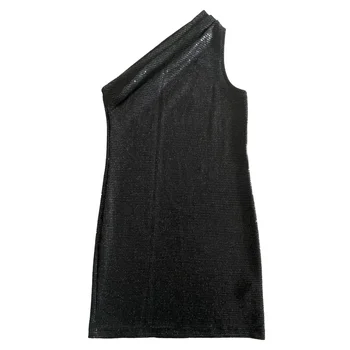 Women's Clothing Black One-Shoulder Sexy Dress Bling Shiny Fabric Elegant Party Dress for Women