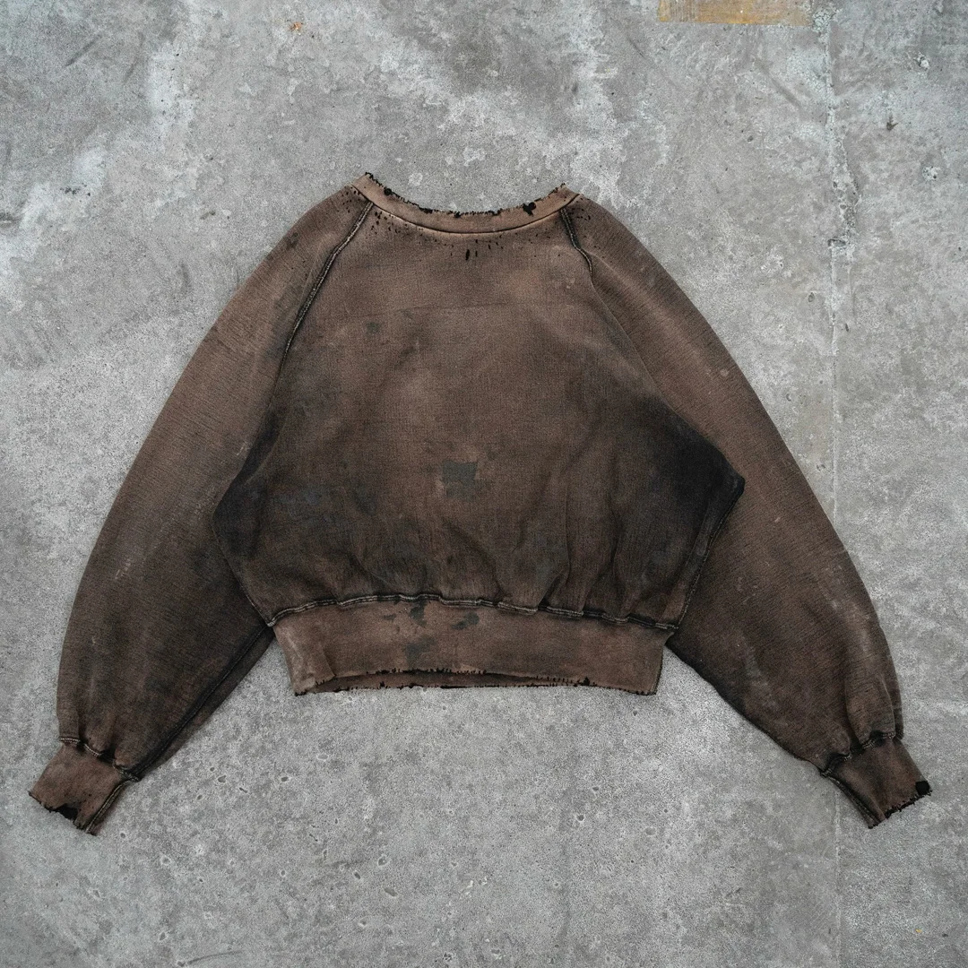 100% katoen eie retro straat-crewnek-sweatshirt vir mans, beskadigde / gradiëntgewas / geribbelde nek, ander patrone is aanpasbaar