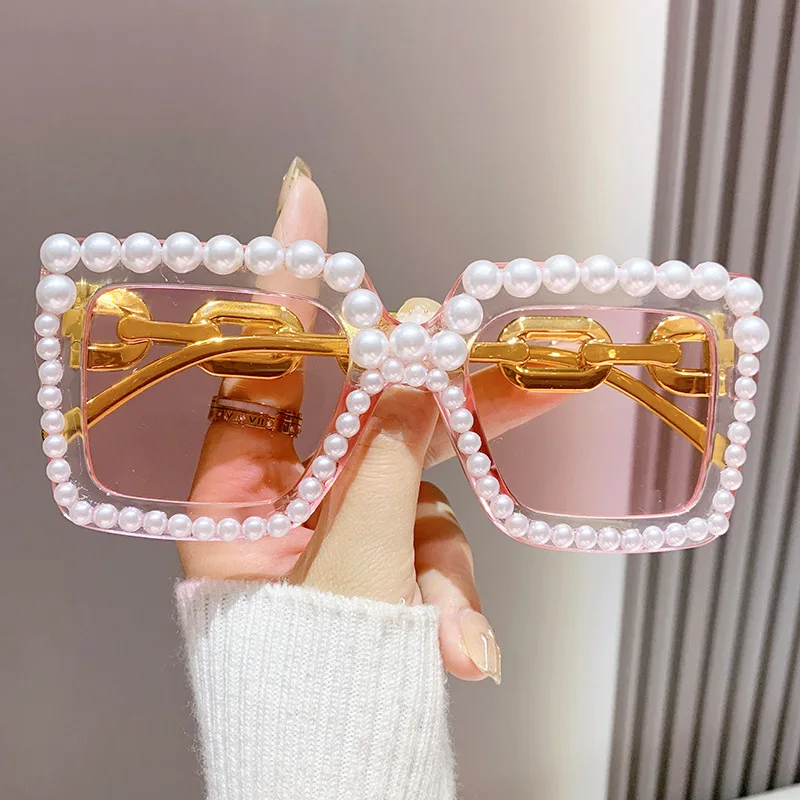 Luxury Rhinestone Pearl Square Sunglasses Women Pink Transparent Lens  Oversized Sun Glasses Oculos Sol Feminino