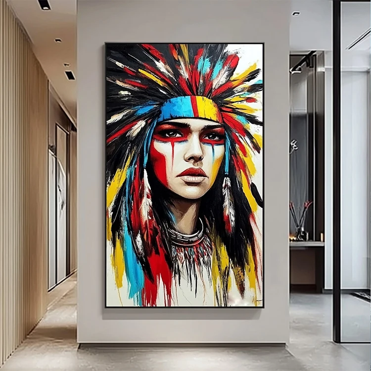 Colorful Tribal Canvas Print Modern Beautiful Woman Figure With Feather Indian Paintings and Wall Arts