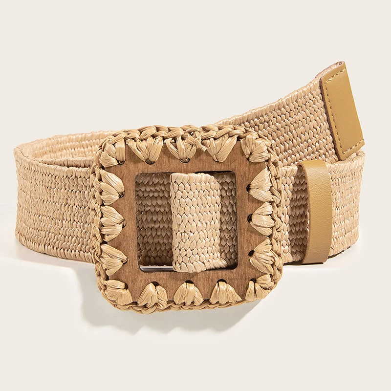 REWIN Khaki Square Wood Buckle Rattan Braided Waistband display picture 1