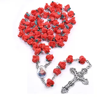 Handmade Polymer Clay Rosary Rose Flower Necklace Rosaries Beads Cross Crucifix Catholicism Religious Jewelry