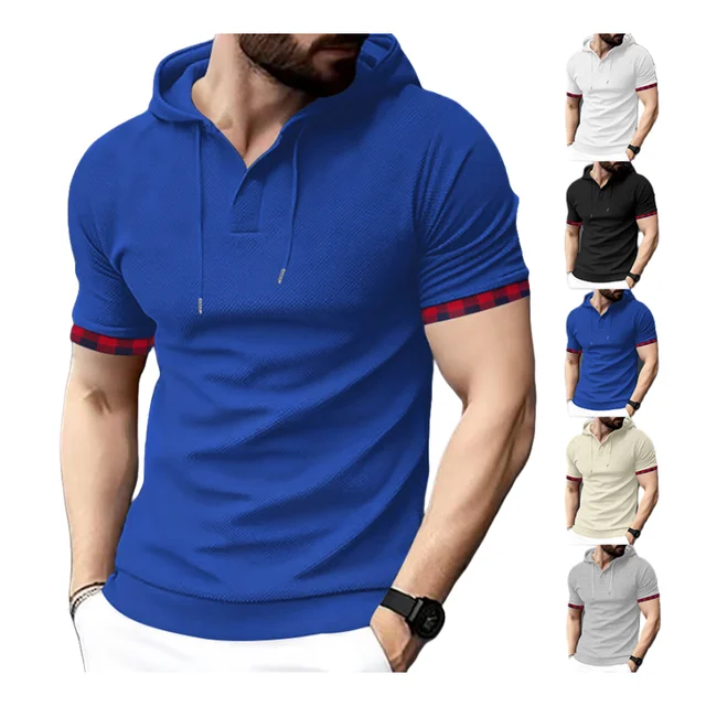 wholesale men's short sleeves hoodies t shirt shirts for men new styles 5 colors men's workout hooded tops waffle shirts