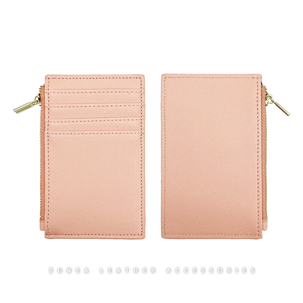 Multi Card Slots Zipped Leather Small Card Holders Saffiano Leather Zip Cardholder Wallet