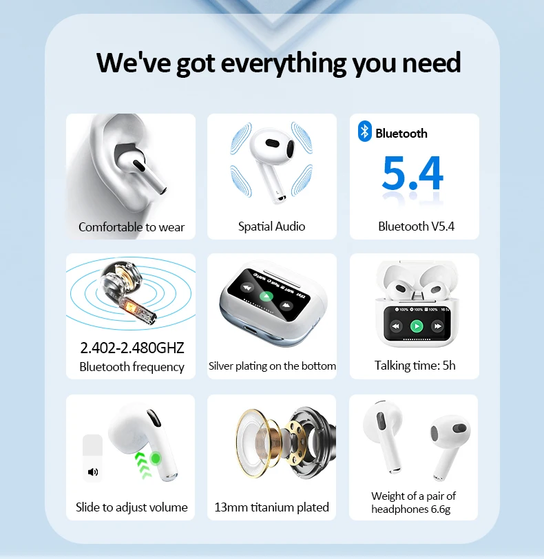 A9 Pro Earbuds Wireless Earphones ANC ENC TWS Earbuds with LCD Smart Touch Screen Waterproof T12 In-Ear Headphones for Gaming