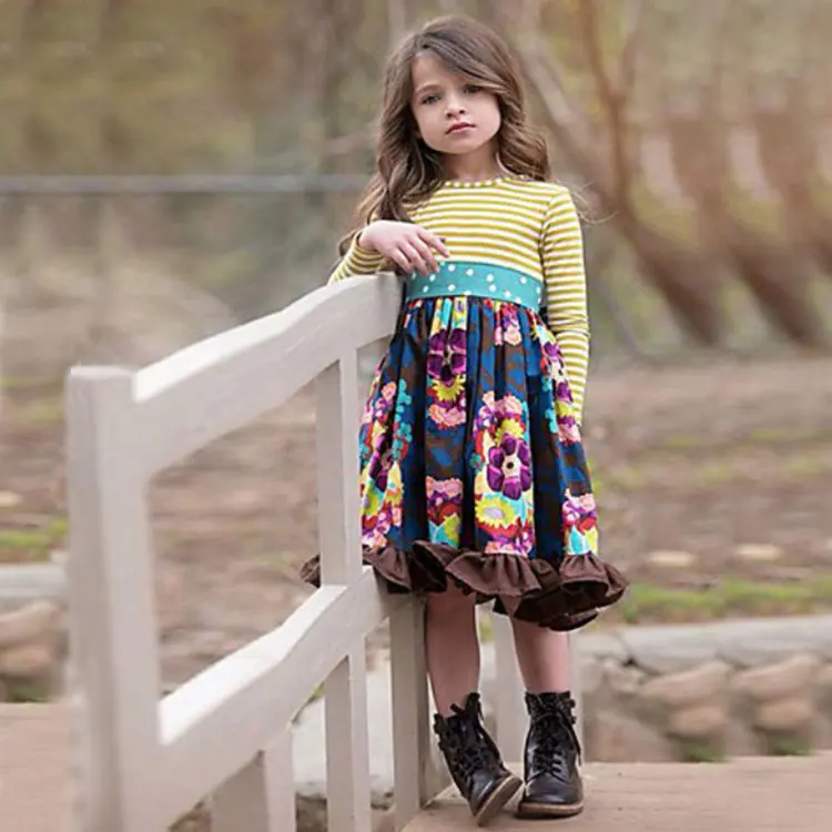 Плиссированные платья в полоску на весну и осень, платье с длинным рукавом и цветочным принтом для маленьких девочек